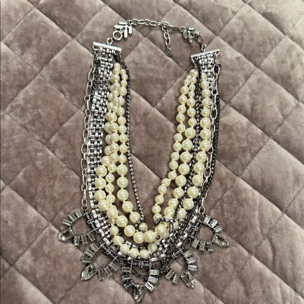 Stella & Dot Ivory Pearl and Silver Crystal Multi-Strand Necklace